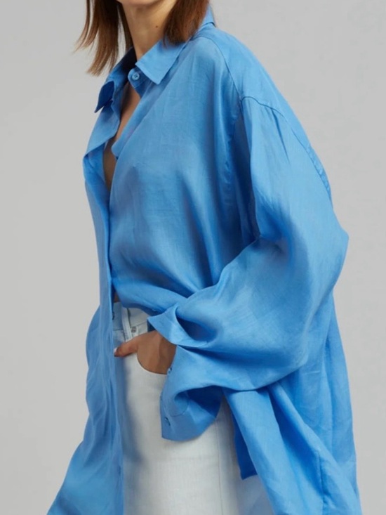 The Frankie Shop Tops - The Frankie Shop Blue Marine Linen Button Down Shirt